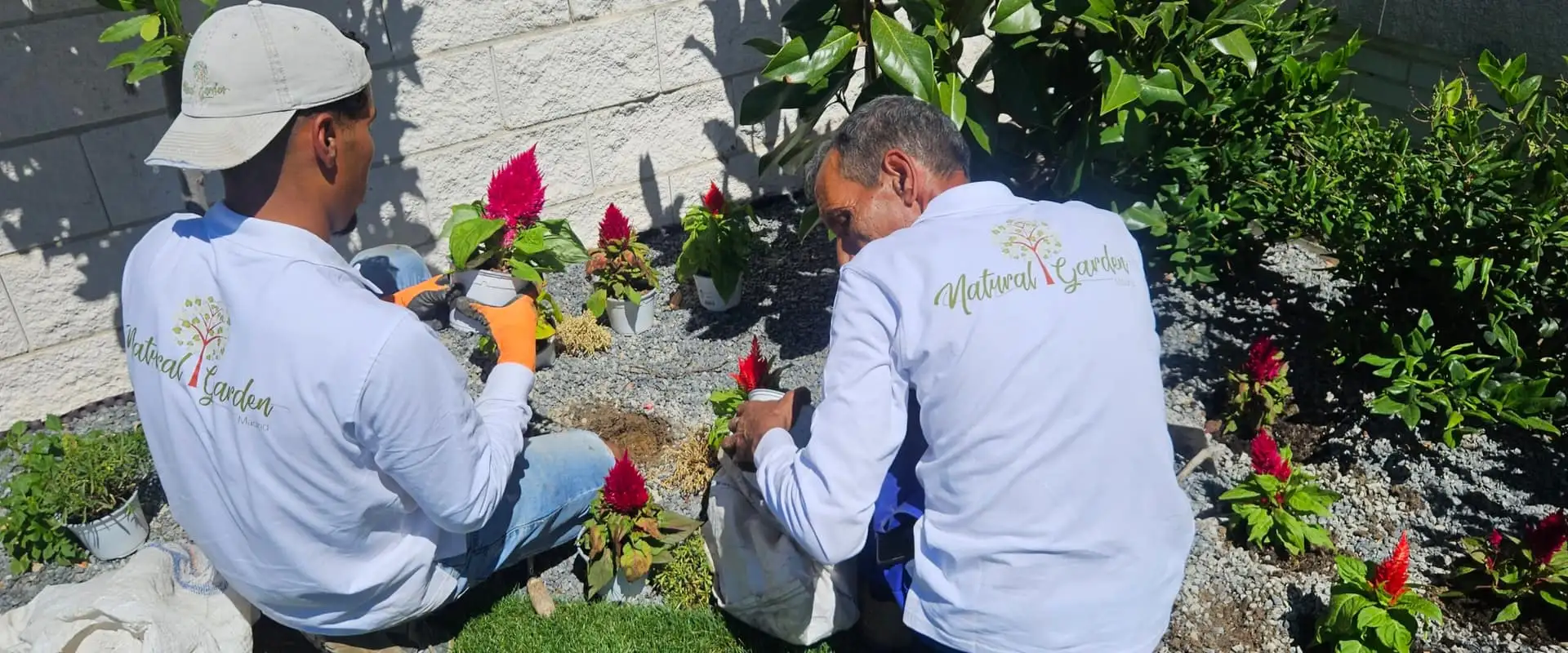 Equipo de Natural Garden plantando flores