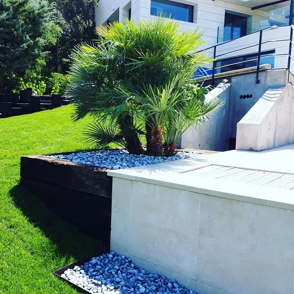 Jardineras de traviesas con palmeras junto a la casa