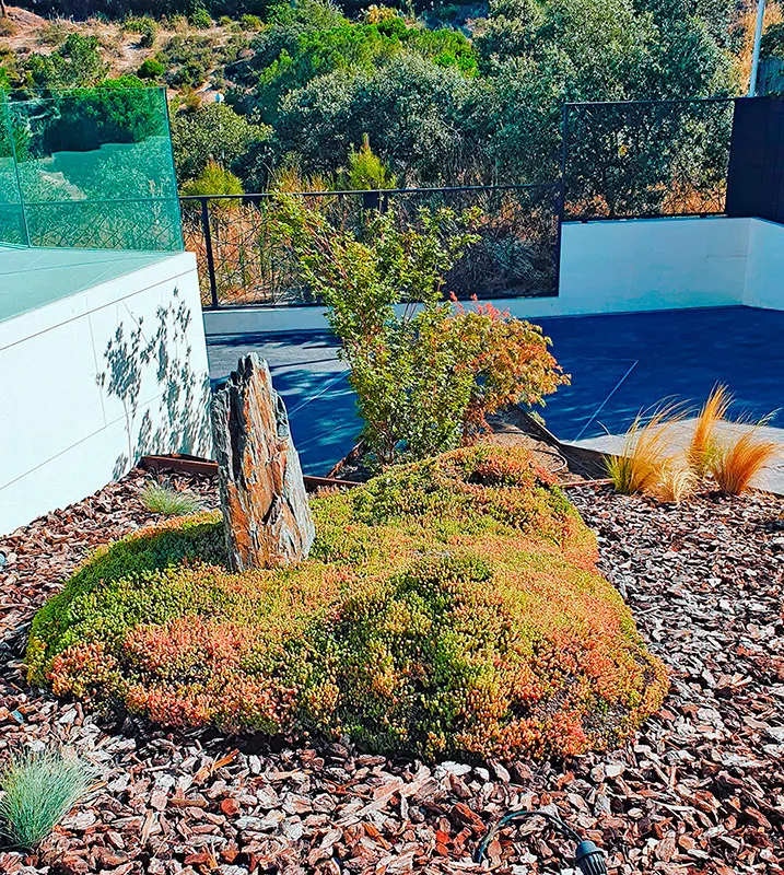 Isla de plantación y rocas en un jardín de grava