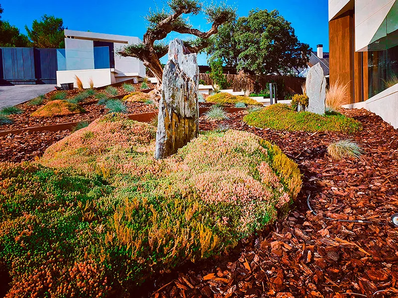 Rocalla con un árbol en forma de nube y un monolito de piedra